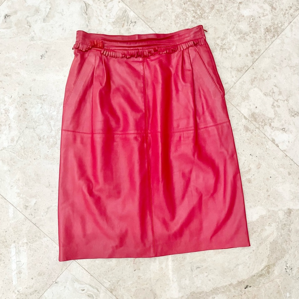 E Braun et Co red leather high waisted pencil skirt with fringe waist